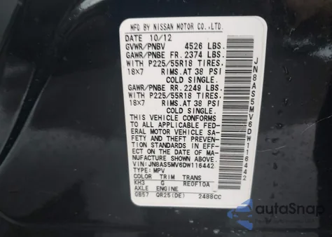 2013 Nissan Rogue Sv W/Sl Pkg из США, поврежденный, VIN JN8AS5MV6DW116442